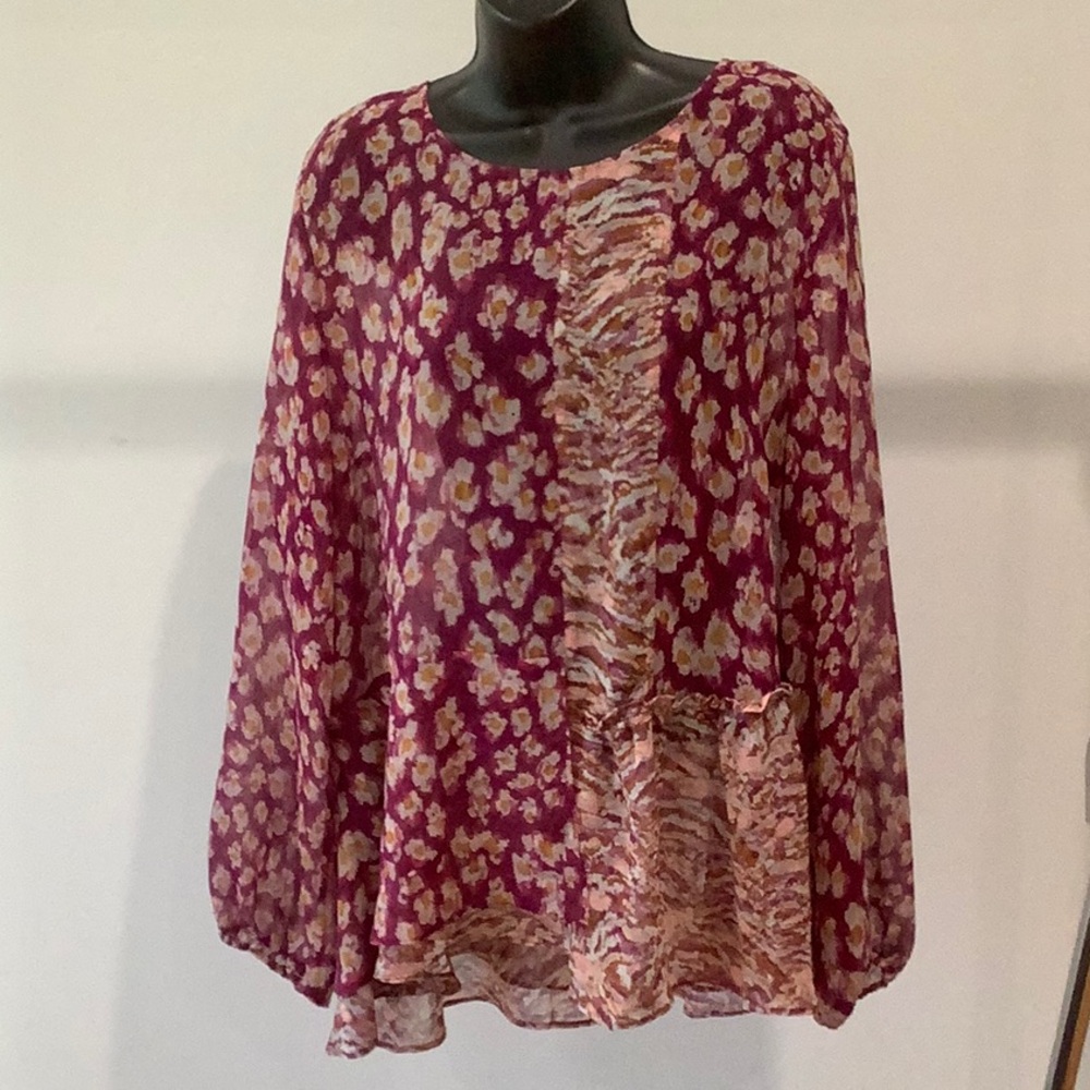 LOGO by Lori Goldstein Printed Blouse with Patchwork and Ruffles - Picture 3 of 13